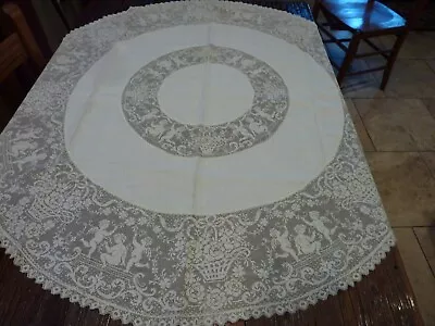 Vintage Lace Tablecloth Table Cloth Cupids Cherubs Baskets Oval 41 X 43 Lt Beige • $19.99