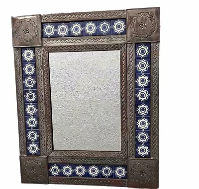 Hand Made In Mexico Mirror /Wall Hanging  Pounded Tin And Ceramic Tile 21” X 25” • $89