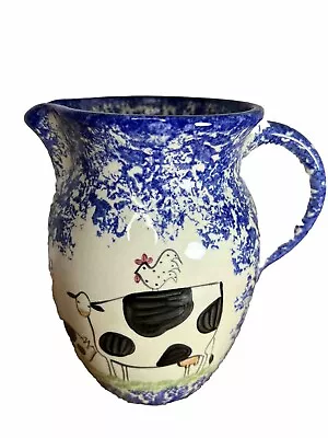 MOLLY DALLAS Spatter Ware 7.5 Inch Tall Pitcher Hand Painted Blue Farm Animals • $14.40