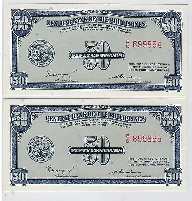 PHILIPPINES 50 CENTAVOS P130 (1949) X 2 Consecutive Sig 2 TDLR Fancy SN PhAa • $69.99