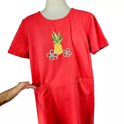 Blair Red Cotton Smock Dress Pineapple Embroider Hand Pockets Short Slv Women M • $32.99