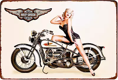 Vintage Harley Davidson Metal Sign Platinum Blonde Pinup Harley Wings 12x8  • $13.50