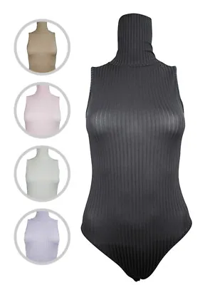 £3.97 • Buy Womens Bodysuit Roll Neck Sleeveless Top RIBBED Size 6 8 10 12 14 16