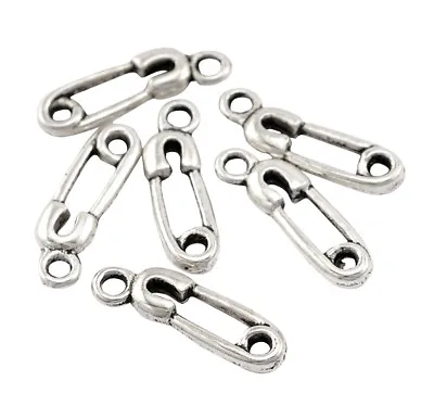 ❤ 25 X Antique Silver Tone SAFETY PIN Baby Charm 19mm Jewellery Making UK ❤ • £0.99