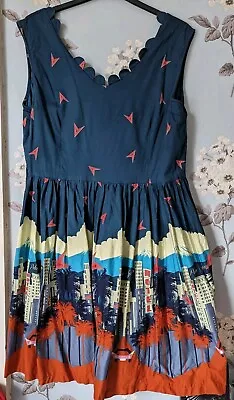 Stunning Lindy Bop Daria L.A. Print Swing Fit And Flare Rockabilly Dress Size 22 • £8.98