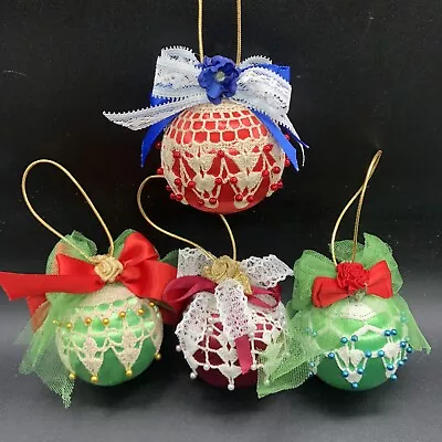 Crochet Wrapped Pinned Satin Christmas Ornaments Vintage Lot Of 4 Handmade • $14.99