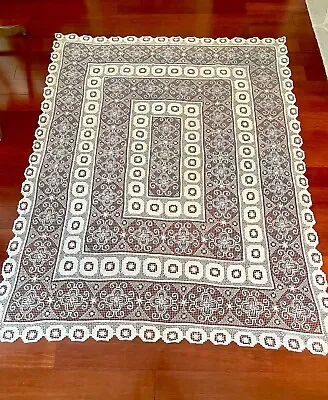 Vintage Gorgeous ✅Filet Net Lace Darned Needle ✅ Design Large 77x 61” Tablecloth • $98