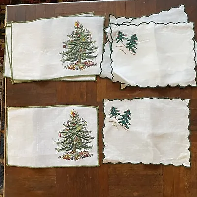 4 Vintage MADEIRA Hand Embroidered COCKTAIL Xmas Napkins Trees +4 Leacock Linen • $45