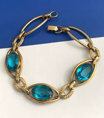 Vintage Simmons Art Deco Blue Topaz Glass Stone Gold Tone Link Bracelet • $78