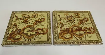 Glazed Ceramic Fireplace Tiles - Brown Floral Design With Border - Antique Pair • $74.95