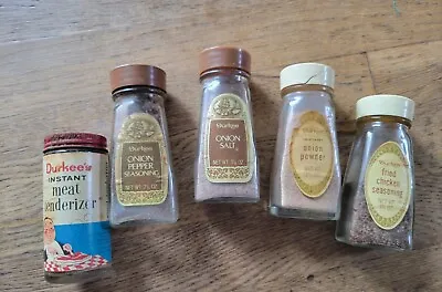 5 Vintage Durkee Spice Jar Bottles: Onion Pepper Onion Salt Powder Meat Tender • $14
