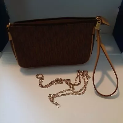 Victor Hugo Brown Monogram Handbag Purse Clutch Tan Trim Wristlet Chain Strap • $18.65