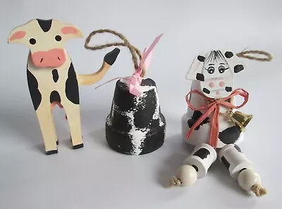 Lot 3 Vintage Hand Painted Homemade Cow Christmas Ornaments Wood Bell Udder • £8.75