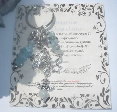 £5.99 • Buy Aquamarine Gemstone Healing Angel Bag Charm Gift Keyring Butterfly