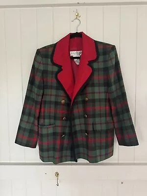 Vtg YVES SAINT LAURENT Wool Red Green Plaid Tartan Double Breast Jacket 16 44 • $199.99