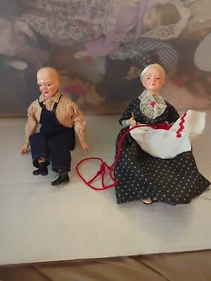 2 Pc Vtg Shackman Doll W Porcelain Head Japan Grandmother Knitting Grandfather  • $16