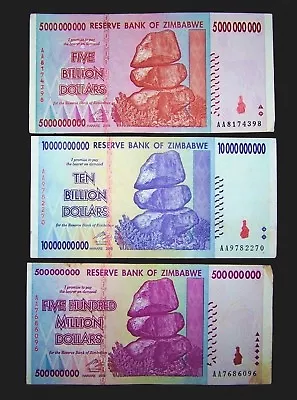 3 Zimbabwe Banknotes-1 X 500 Million / 5 & 10 Billion Dollars -paper Currency • $11.79