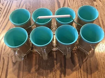 Vtg. Set Of 8 Raffia Ware Woven Burlap Teal Insulated  Mugs W/Carrier Caddy-NICE • $31