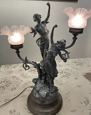 VTG Beautiful Scene Of Couple L & F Moreau Platinate Table Lamp Heavy 23.5” • $2500