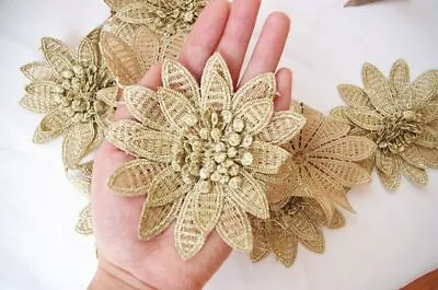 3D Flower Lace Embroidery Bridal Applique Patch Wedding Motif Trim Metallic Gold • £2.99
