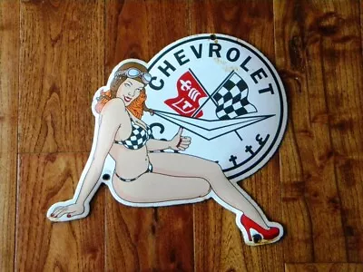 VINTAGE CHEVROLET CORVETTE GIRL PORCELAIN SIGN ~14 X 12  C1 C2 C3 C4 C5 C6 C7 C8 • $175