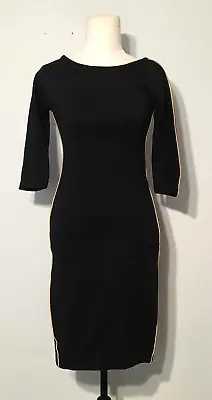 Wheels & Dollbaby Black 3/4 Sleeve Fitted Pencil Dress Gold Piping Size 10 • $139