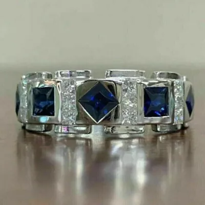 3Ct Princess Cut Lab Created Blue Sapphire Men's Band Ring 14K White Gold Plated • $131.19