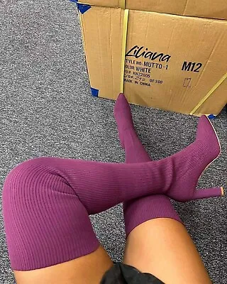 £25 • Buy New Kinky Purple Knitted Material Thigh High Boots Uk Size 4 , Heels 3.5 