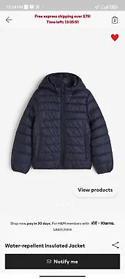 Brand New With Tags HM Boys Light Warm Water Repellent Jacket Navy Sz 9-10 • $15