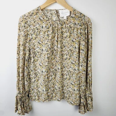 Viktoria & Woods Floral Yellow Black Silk Blend Blouse Size 0 Top Bell Sleeve • $40