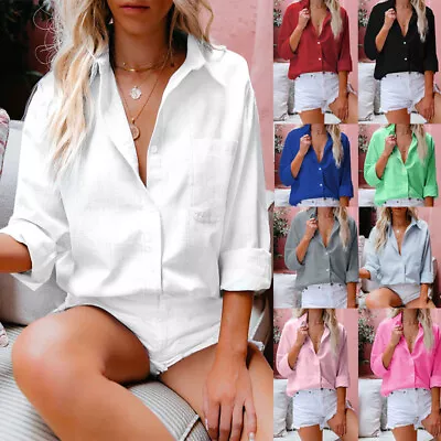Ladies Long Sleeve Linen Shirt Casual OL Work Formal Button-up Baggy Blouse Tops • £9.99