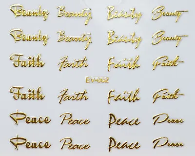 Gold Metallic Beauty Faith Peace Word Writing 3D Nail Art Stickers Decals • $2.83