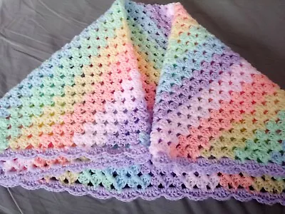 Hand Crochet Rainbow Baby Blanket With Clematis Trim 80x80cms(31.5x31.5Inches)  • £10.99