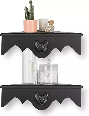 Corner Shelf Black Flying Floating Wood Wall Mounted Storage Shelves Set Of 2 • $48.39