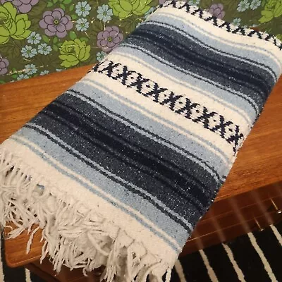 Blue Mexican Woven Stripy Falsa Yoga Beach/Picnic Blanket Throw -bobbly • £0.99