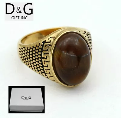 DG Men's Stainless Steel Brown Tigers Eye Ring Size 8-12Gold Plated*Box • $15.99