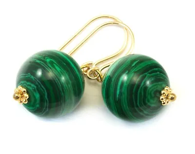 14k Gold Malachite Earrings Simulated Green Round Simple Teardrops Sterling Drop • $29