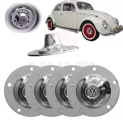 VW BUG T1 T2 Wheel Hub Caps Chrome 4 Pcs Set 5 Lug BEETLE Bus Cap Black VW Logo • $164.99