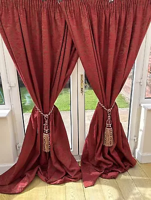 Fabulous Heavy Quality Bespoke Red/rust Damask / Brocade Very Long Curtains • £89.99