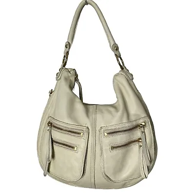 Linea Pelle Shoulder Bag Off White Leather Womens Large Zippers 14x13 • $48