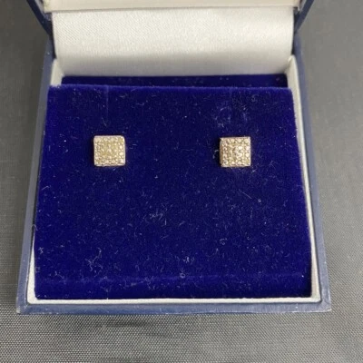 £6.99 • Buy Gold-Plated 925 Silver Square Earrings Clear Diamonds Set Cluster Paved CP