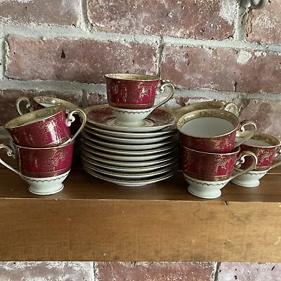 Vintage Meito Burgundy China Hand Painted Demitasse 8 Cups & Saucers Read • £95.01