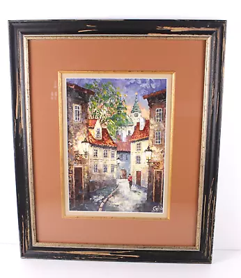 Vintage Oil Painting Of Man Walking Through Quaint Clock-Tower Town Signed • $249