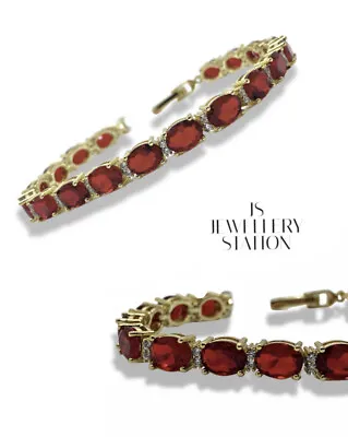 Yellow Gold Finish Red Ruby And Created Diamond Oval Tennis Bracelet  • £59.99