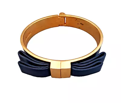 Vince Camuto Leather Hinged Bracelet Bangle Cuff Black Bow Gold Tone • $16