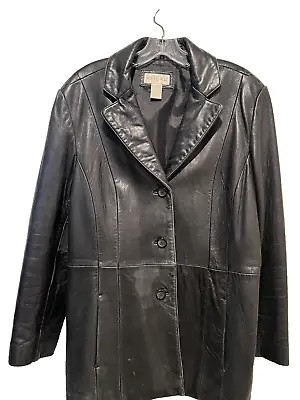 Merona Women's Genuine Black Leather Button Front Collared W/Pockets Jacket SZ L • $13.99