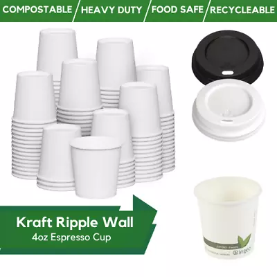 Compostable Coffee Cups & Lids 100% Biodegradable Disposable White Paper Cups • £6.99