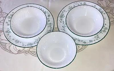 $45 • Buy Corelle Green CALLAWAY IVY Swirl: 2 Dinner Plates - 10 1/4”, 3 Bowls 7-1/4”, EXC