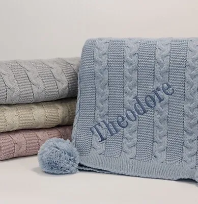 Personalised Cable Knit Baby Blanket Cable Knit Nursery Blanket With Poms • £22.95