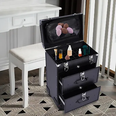 $93 • Buy 3-Tier Professional Makeup Train Case Rolling Cosmetic Trolley Beauty Travel Box